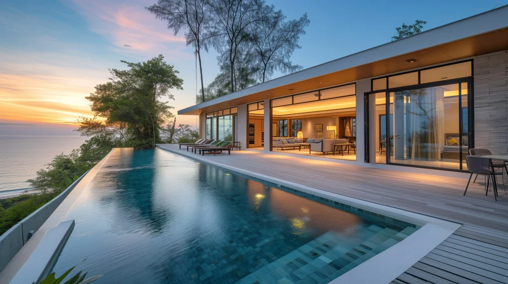 Modern house with a swimming pool, modern pool villa at the beac